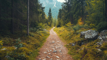 Empty hiking trail on a mountain holiday trip, leaving ample room for copy.の素材