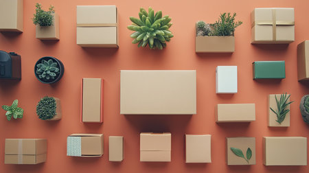 Flat lay of ecommerce packaging supplies on a clean background, with room for copy.の素材