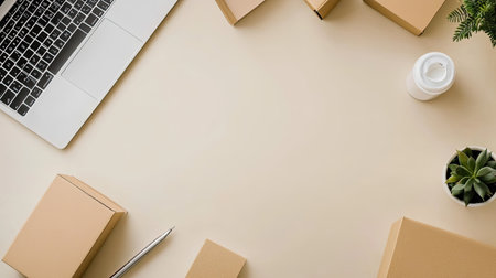 Ecommerce product boxes arranged on a clean desk, with copy space available.の素材
