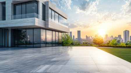 Modern architecture in the city, with a luxurious home and space for text.の素材