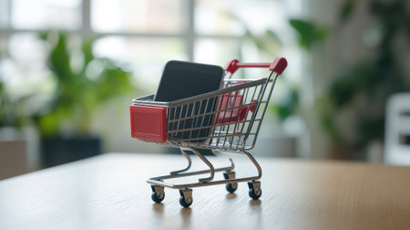 Online shopping interface on a smartphone screen, leaving space for text on the sideの素材