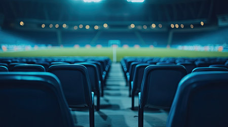 Empty stadium seats with a view of the football pitch, leaving room for text.の素材