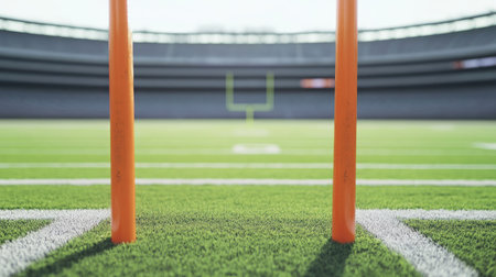 Close-up view of the football field goalpost in an empty stadium, leaving room for copy.の素材