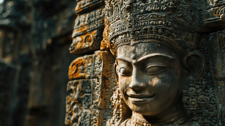 A detailed shot of an ancient stone sculpture with intricate carvings, leaving ample room for copy space.の素材
