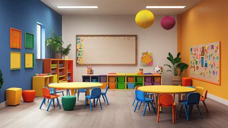 Classroom with colorful learning stations and a bulletin board, leaving ample space for textの素材