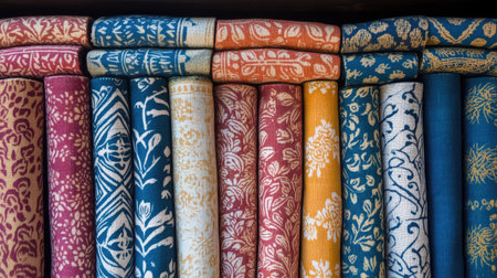 Indian block-printed cotton fabric with bold patterns, neatly arranged with room for copyの素材
