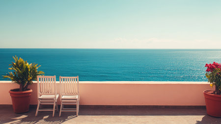 Scenic view from a holiday hotel balcony overlooking the ocean, with space for text.の素材