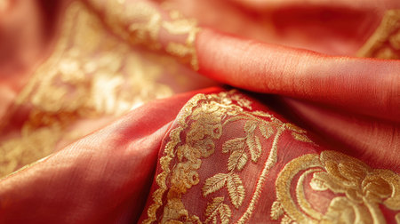 Close-up of Indian silk fabric with golden zari embroidery, leaving space for copyの素材