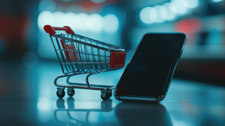 Shopping cart icon on a smartphone screen, leaving room for copy in the background.の素材