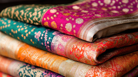 Brightly colored Indian textile with hand-printed motifs, folded neatly, leaving room for copy.の素材