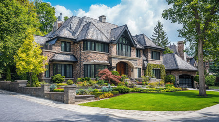 Large, luxurious house in a peaceful city street, with plenty of space for copy in the background.の素材