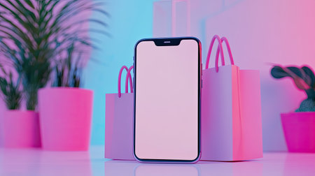 Online shopping interface on a smartphone screen, leaving space for text on the sideの素材