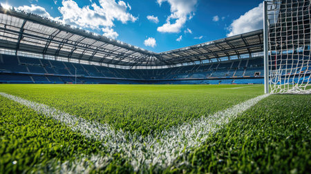 View of the goalpost and net in a football stadium, with ample room for copy in the background.の素材