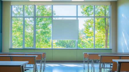 Empty classroom with large windows and natural light, leaving copy space on the whiteboard.の素材