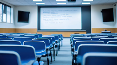 Modern classroom with large, interactive smartboards, leaving ample space for text in the background.の素材