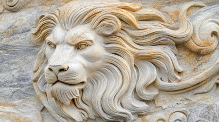 Stone sculpture of a lion with intricate carving details, leaving ample space for copy in the background.の素材