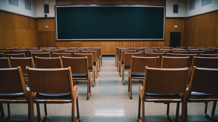College classroom with chairs facing a smartboard, leaving room for copy in the background.の素材