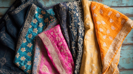 Indian textile fabric with fine hand embroidery, arranged on a surface, leaving room for copy.の素材