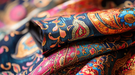 Indian textile fabric with colorful paisley design, folded and leaving space for copy.の素材