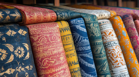 Indian textile fabric with traditional block print patterns, leaving ample space for copy in the background.の素材