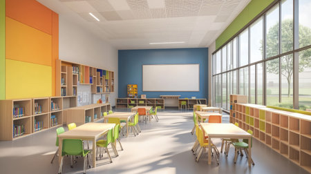 Elementary classroom with bright colors and cubbies, leaving room for text on the whiteboard.の素材