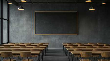 Classroom with wooden desks and chairs, neatly arranged, with a clean chalkboard for copy space.の素材