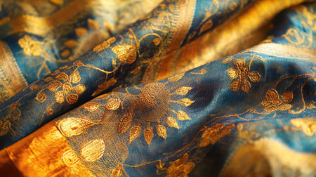 Handwoven Indian silk textile with intricate detailing, leaving space for copy on the plain surface.の素材