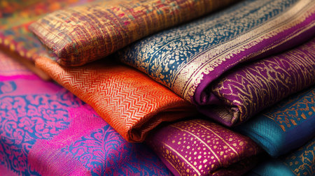 Handwoven Indian cotton fabric with traditional patterns, neatly folded, leaving room for text.の素材