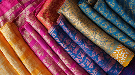 Hand-dyed Indian textile with bright patterns, folded neatly, with space for copy.の素材