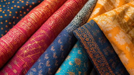 Traditional Indian fabric with geometric designs and bold colors, leaving space for copyの素材