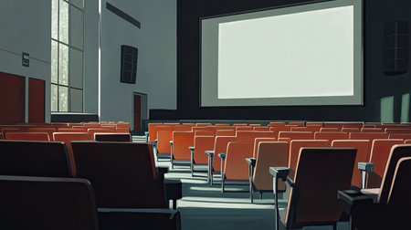 College lecture hall with rows of empty seats and a large projection screen, leaving space for text.の素材