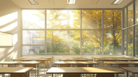 North American classroom with large windows, sunlight, and clean desks, leaving space for copy.の素材