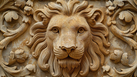 Stone sculpture of a lion with intricate carving details, leaving ample space for copy in the background.の素材
