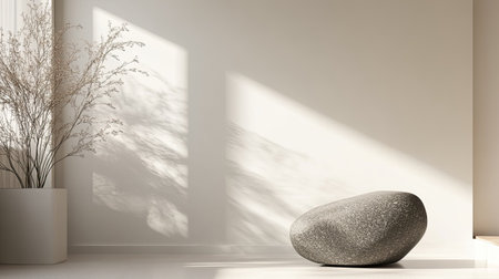 Contemporary stone sculpture with smooth surfaces, placed on a minimalist backdrop, leaving space for copy.の素材
