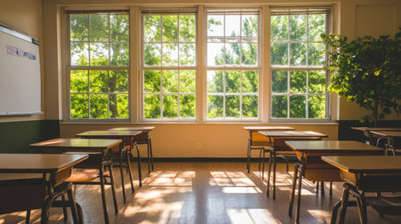 Quiet high school classroom with sunlight streaming in through the windows, leaving room for copy on the whiteboard.の素材