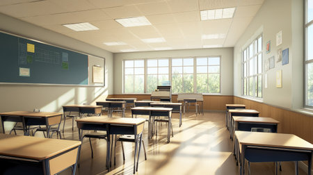 North American classroom with a clean, organized teacher's desk and student desks, leaving space for copy.の素材