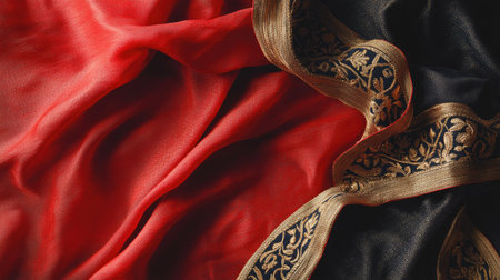 Traditional Indian saree fabric draped gracefully with embroidery details, leaving space for text.の素材