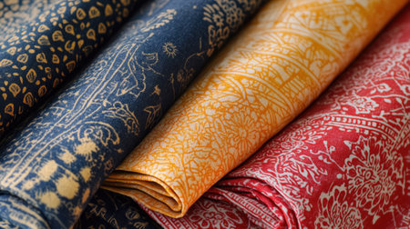Indian textile fabric with traditional block print patterns, leaving ample space for copy in the background.の素材