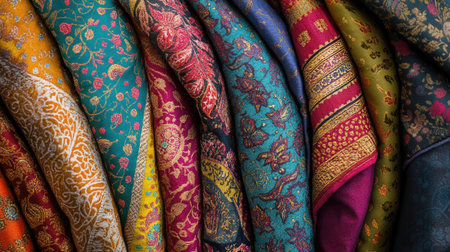 Folded Indian textiles with vibrant colors and traditional motifs, leaving room for text.の素材