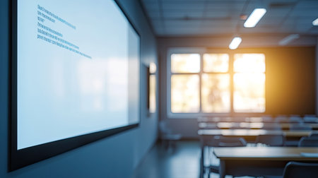 Modern classroom with large, interactive smartboards, leaving ample space for text in the background.の素材
