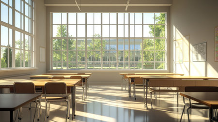 North American classroom with large windows, sunlight, and clean desks, leaving space for copy.の素材