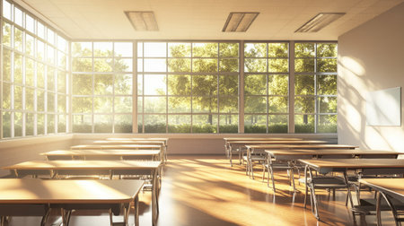North American classroom with large windows, sunlight, and clean desks, leaving space for copy.の素材