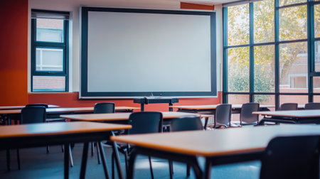 Modern classroom with large, interactive smartboards, leaving ample space for text in the background.の素材