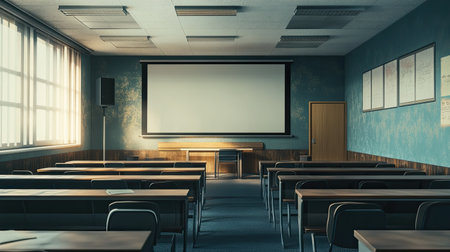 College classroom with rows of desks and a large projection screen, leaving copy spaceの素材
