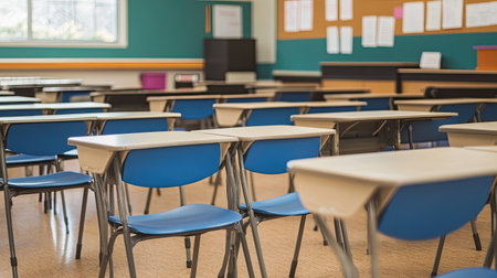 North American high school classroom with clean rows of desks and chairs, leaving ample room for text.の素材