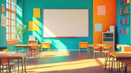Neatly arranged classroom with bright walls and educational charts, leaving room for copy on the whiteboard.の素材