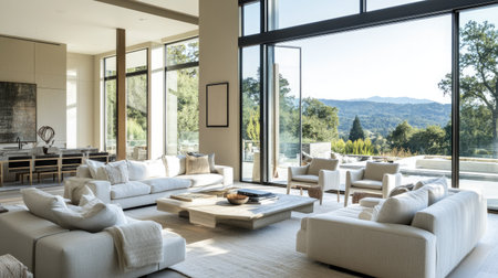 Contemporary living room with large windows and neutral decor, leaving ample space for copy.の素材