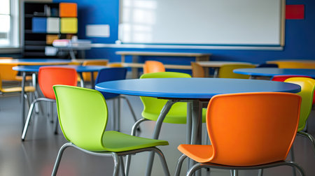 Modern classroom with colorful desks and a whiteboard, leaving room for copy in the background.の素材