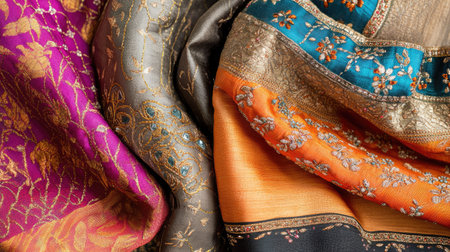 Indian textile fabric with mirror work and embroidery, folded and leaving ample space for text.の素材