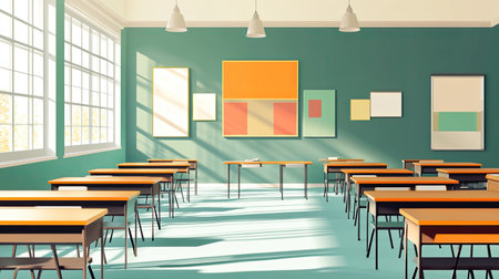 Middle school classroom with individual student desks and colorful posters, leaving space for text.の素材